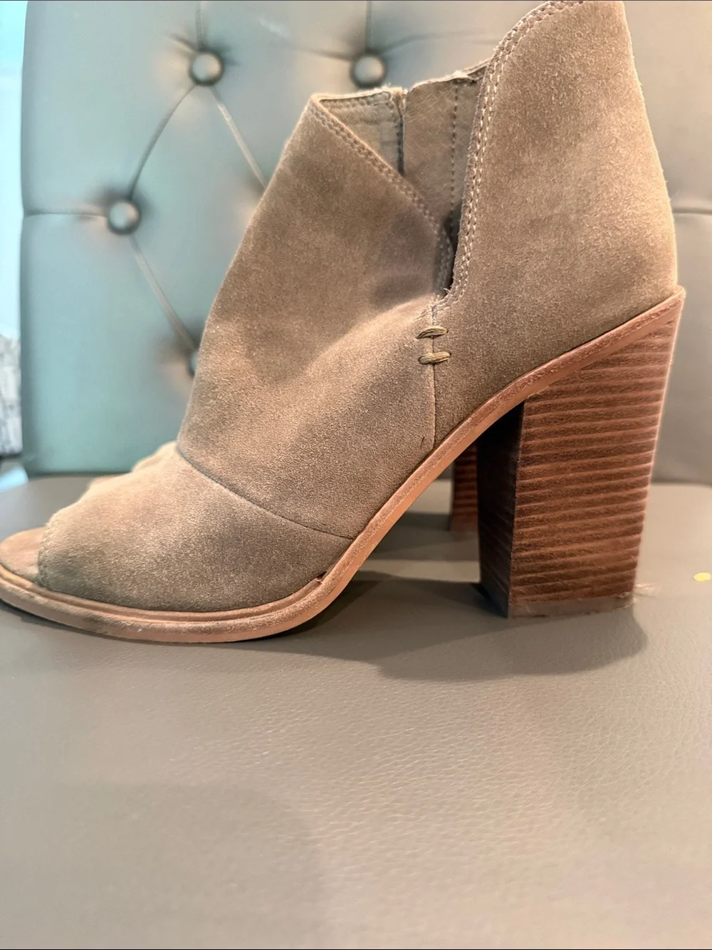 Vince Camuto Women’s Suede Peep-Toe Ankle Boot in Taupe size 8.5